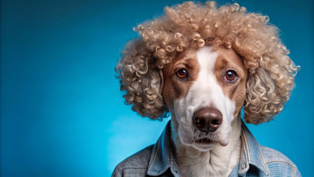 A dog wearing a blonde afro wig and a denim jacket looks directly at the camera against a blue background.の素材