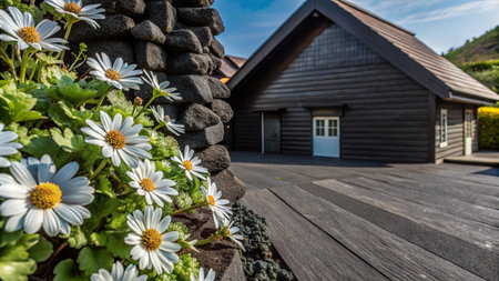 A close-up view of white daisies blooming in front of a rustic wooden cabin.の素材