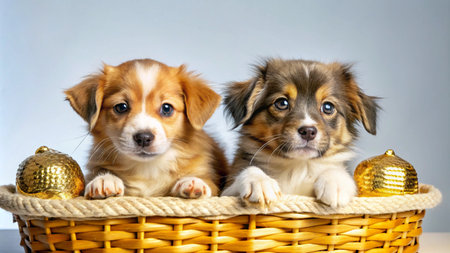 Two adorable puppies sit in a wicker basket with golden ornaments.の素材