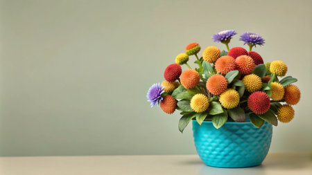 A vibrant bouquet of colorful flowers in a blue pot against a green wall.の素材