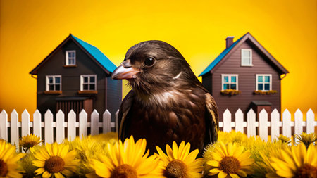 A small bird sits in front of a white picket fence with two small houses in the background.の素材