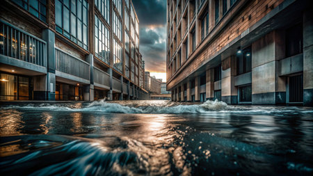 A city street flooded with water, with buildings on either side.の素材