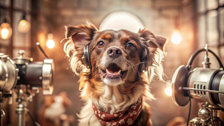 A brown and white dog wearing headphones, looking up with a happy expression.の素材