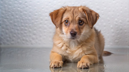 A small, light brown puppy with big brown eyes lays on a white textured surface looking directly at the camera.の素材