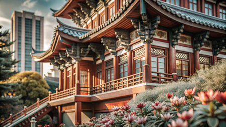 Traditional Chinese architecture with red wooden beams, intricate details, and a balcony overlooking a garden with blooming flowers.の素材