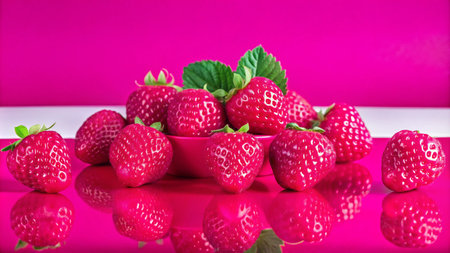 Fresh red strawberries in a pink bowl on a bright pink background with reflection.の素材