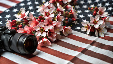 A DSLR camera and a sprig of pink blossoms lie on an American flag.の素材