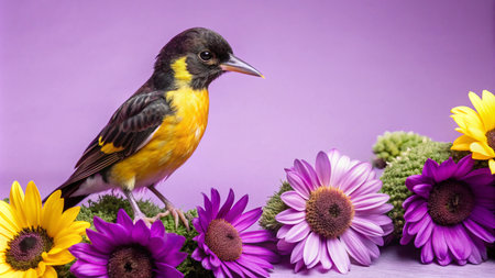 A small yellow and black bird perched on purple and yellow flowers against a lilac background.の素材