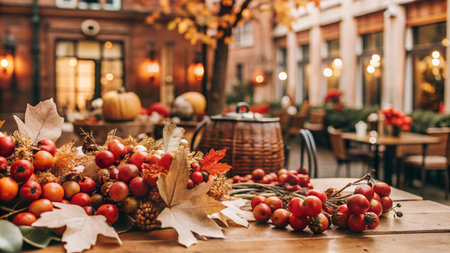 Autumnal table setting with red berries, leaves, and a teapot on a wooden table, with a cafe in the background.の素材