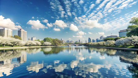 A city skyline reflected in a calm lake with trees in bloom on a sunny day.の素材