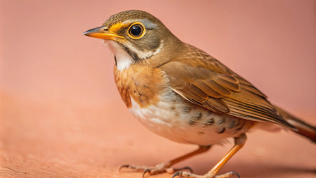 A close-up portrait of a small brown and white bird with a yellow beak and a bright yellow ring around its eye. The bird is standing on a textured surface.の素材