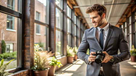 A businessman in a suit looks at a camera while standing in a hallway.の素材