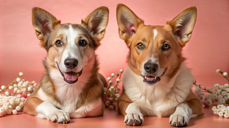 Two adorable dogs with white flowers on a pink background.の素材