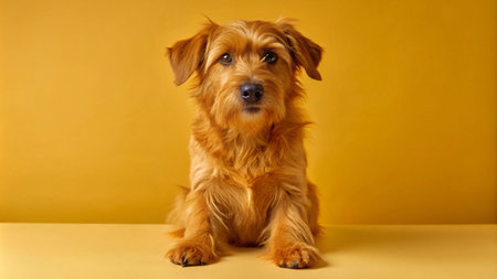 A small, brown dog with short fur sits in front of a yellow background.の素材