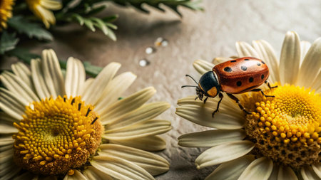A ladybug perched on a daisy flower with water droplets in the background.の素材