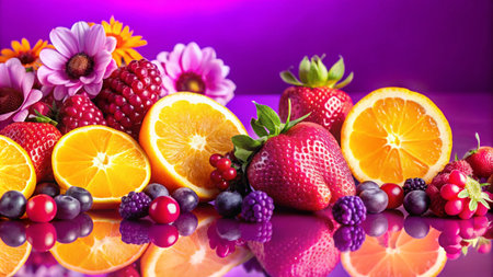 Fresh, vibrant assortment of fruits and flowers on a purple background.の素材
