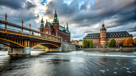 A historic bridge arches over a river in front of a grand castle with a cloudy sky overhead.の素材