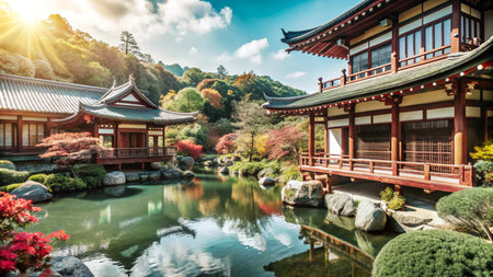 Traditional Japanese architecture with a pond and garden in the autumn.の素材