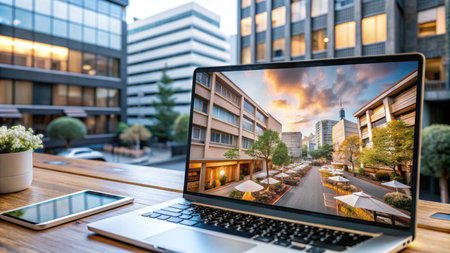Open laptop on wooden table with city view on screen.の素材