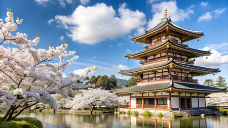 A traditional Japanese pagoda with cherry blossoms in bloom, surrounded by a pond.の素材