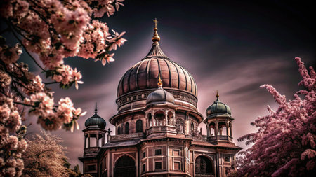 A grand, ornate dome-shaped building stands tall against a dramatic, cloudy sky, framed by blooming cherry blossom trees.の素材