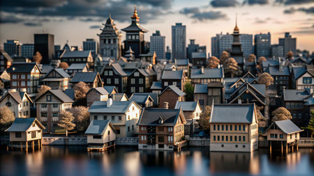 A picturesque cityscape with a waterfront and a skyline filled with buildings.の素材