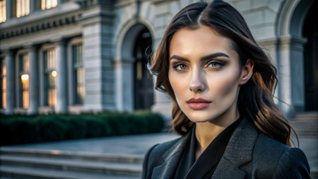 A young woman in a grey suit stands in front of a building, looking confident and elegant.の素材