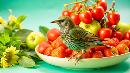 A small bird sits on a plate of strawberries, apples and tomatoes.の素材