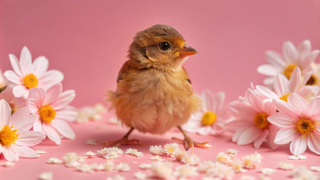 A small brown baby bird stands among pink daisies and scattered petals on a pink background.の素材