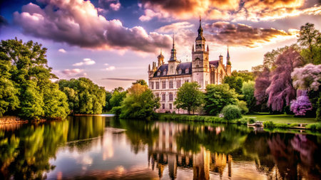 Majestic castle reflected in a still lake at sunset.の素材
