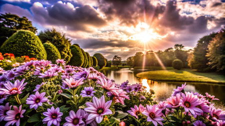 Sunset over a serene lake with vibrant flowers in bloom, casting a warm glow over the landscape.の素材