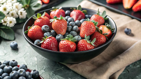 A black bowl filled with fresh strawberries and blueberries on a rustic table.の素材