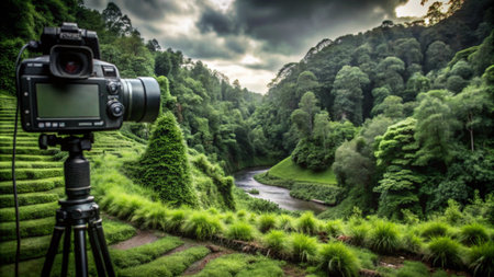 A camera captures a stunning view of a lush green valley with a winding river.の素材