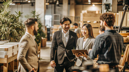 Businesspeople in a warehouse discussing work, looking at a tablet.の素材