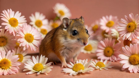A small hamster sits among white and pink daisies on a light pink background.の素材