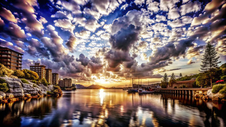 A vibrant sunset paints the sky with streaks of color over a calm harbor with city buildings, boats, and lush greenery.の素材