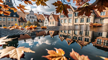 Autumn leaves float on a reflecting pool in front of colorful historic buildings.の素材