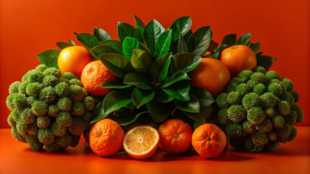 A group of fresh oranges and green foliage arranged on a red background.の素材