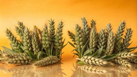 Two clusters of wheat stalks with green leaves, on an orange background, with a reflection.の素材