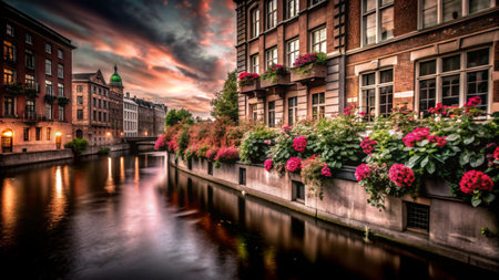 A picturesque canal scene with vibrant flowers and a dramatic sunset sky.の素材