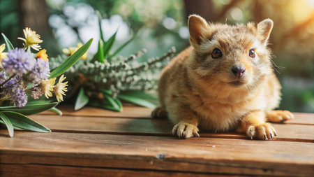 A curious fox resting on a wooden surface with flowers behind it.の素材