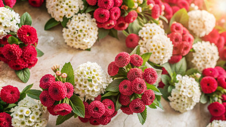 A close-up shot of red and white globe amaranth flowers arranged in a circular pattern on a light brown background.の素材