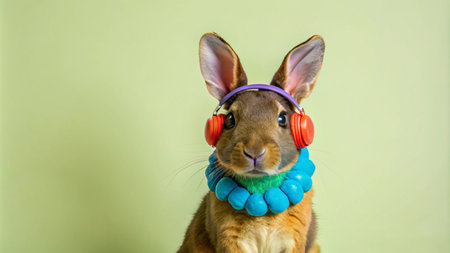 A brown rabbit wearing headphones and a blue beaded necklace, looking directly at the camera against a light green background.の素材