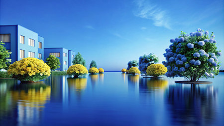 A surreal landscape of blue buildings, yellow and purple trees reflected in still water.の素材