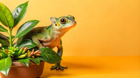 A small green lizard peeks out from behind a potted plant on a yellow background.の素材