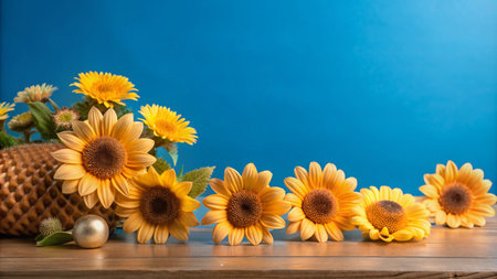 A row of sunflowers on a wooden table with a blue background.の素材