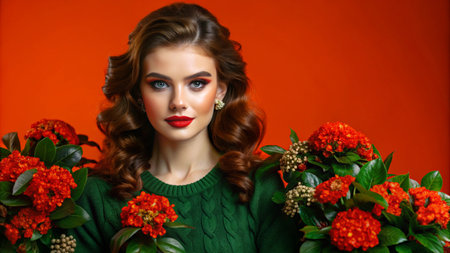 Beautiful woman with red lipstick and flowers in a green sweater against an orange background.の素材