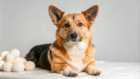 A cute corgi dog lays down with a pile of white tennis balls in front of him.の素材