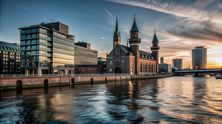 A picturesque cityscape at sunset, featuring a historic church and modern buildings reflected in the water.の素材