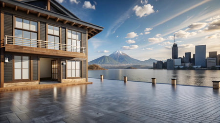 Modern wooden house with a view of a mountain and city skyline.の素材